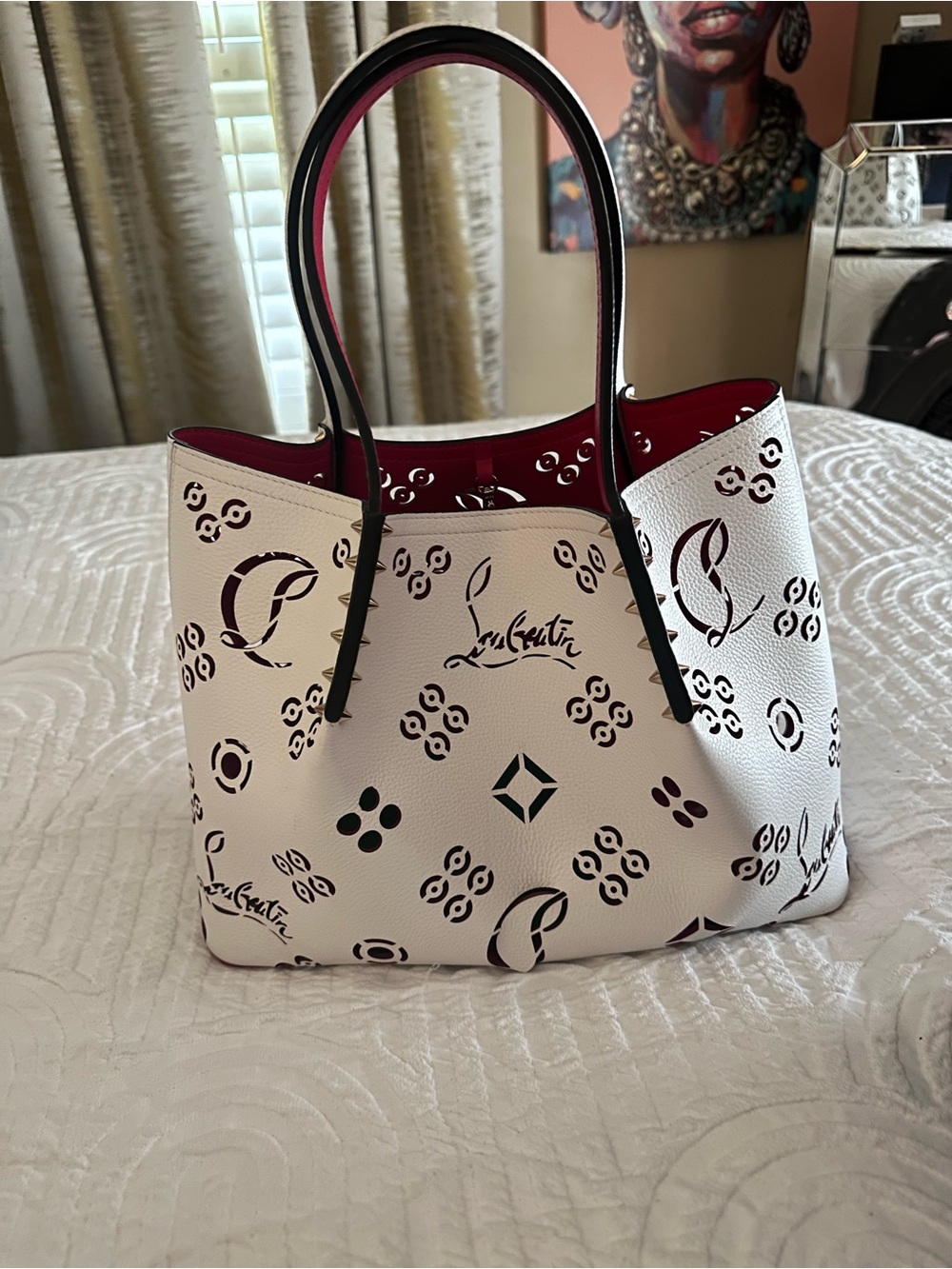 White and Red Perforated Logo Tote with Black Handles